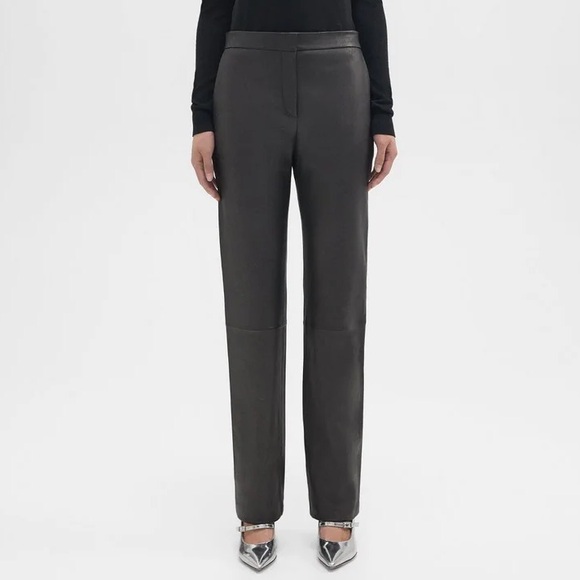 New Theory Black Leather Slim-Straight Pant
